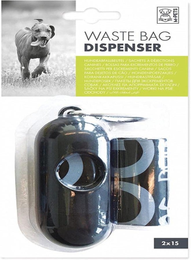 M-PETS Dog Poop Bag Dispenser with Carabiner Clip, Portable Pet Waste Bag Holder for Pets, Leakproof, Durable, Easy-to-Carry Potty Picker for Outdoor Walks & Travel, Black, 2x15 Bags